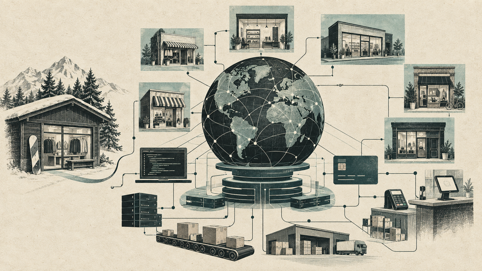 Illustration of a snowboard shop connected to merchant storefronts